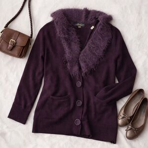 Luisa Spagnoli Wool Cardigan Mohair Trim Button Front Purple Size Medium